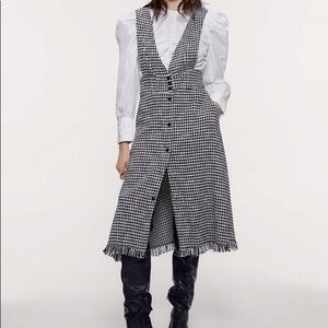 NWT Zara Black & White Tweed Pinafore Houndstooth Dress with buttons and fringe